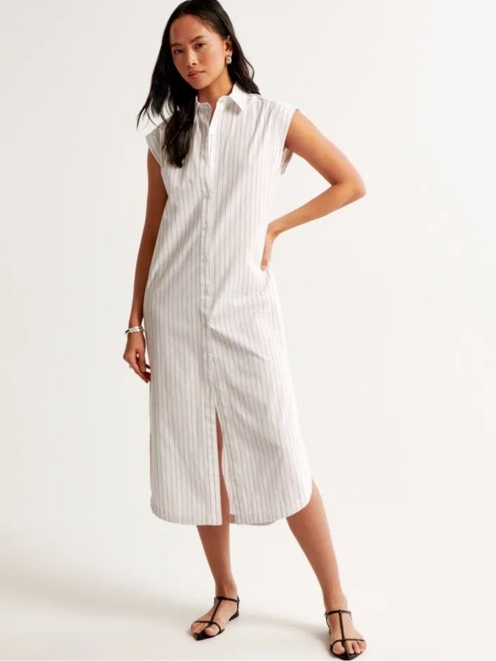 Sleeveless White Pinstripe Shirt Dress